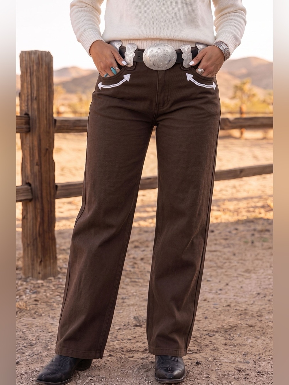 Western Colorblock Pockets Button Fly Decorative Belt Loops Straight Leg Jeans
